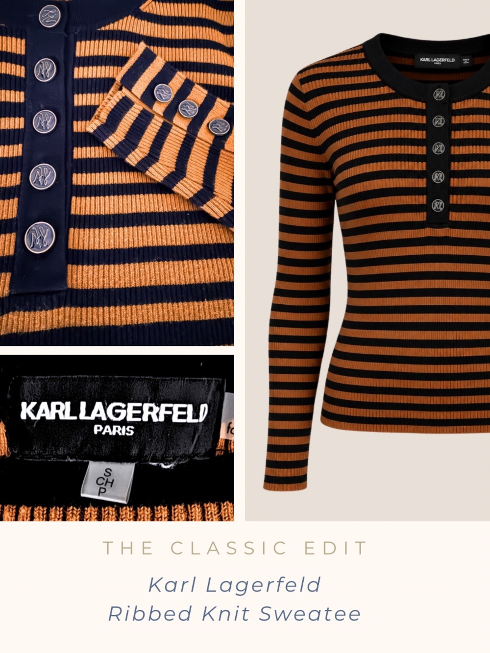 Karl Lagerfeld Paris Ribbed Knit Sweater Black Burnt Umber Stripe Button Detail
